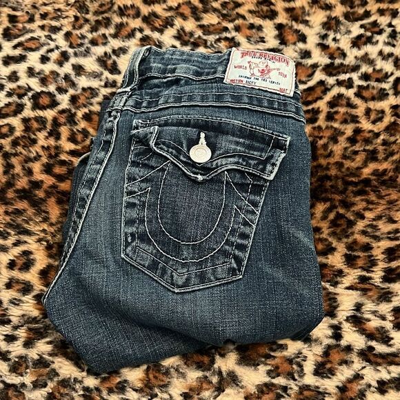 Y2K True Religion Becky Blue Factory Distressed Denim Flare Jeans Festival - Picture 2 of 11